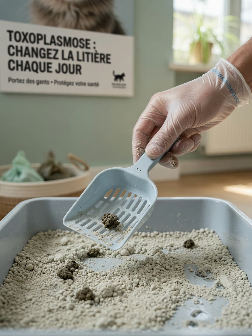 Gloved hand safely handling a cat litter tray during daily cleaning to prevent toxoplasmosis transmission