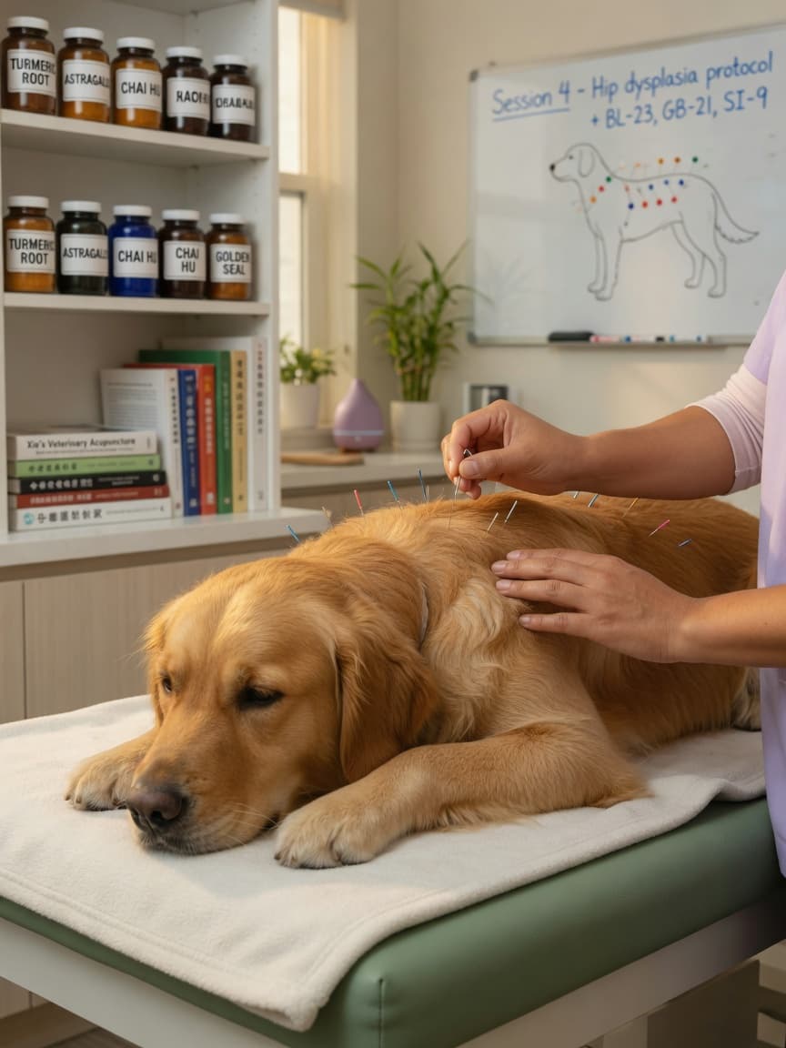Veterinarian performing acupuncture on a relaxed golden retriever in an integrative clinic setting