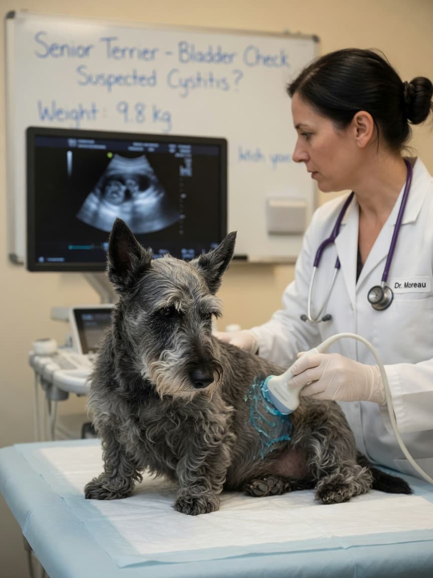 Senior Scottish Terrier undergoing bladder ultrasound examination by veterinarian