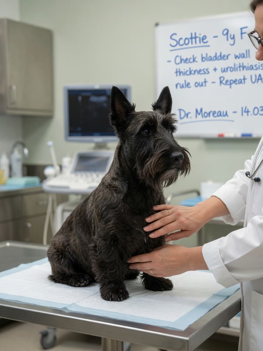 Veterinarian examining Scottish Terrier's abdomen during bladder cancer diagnostic consultation