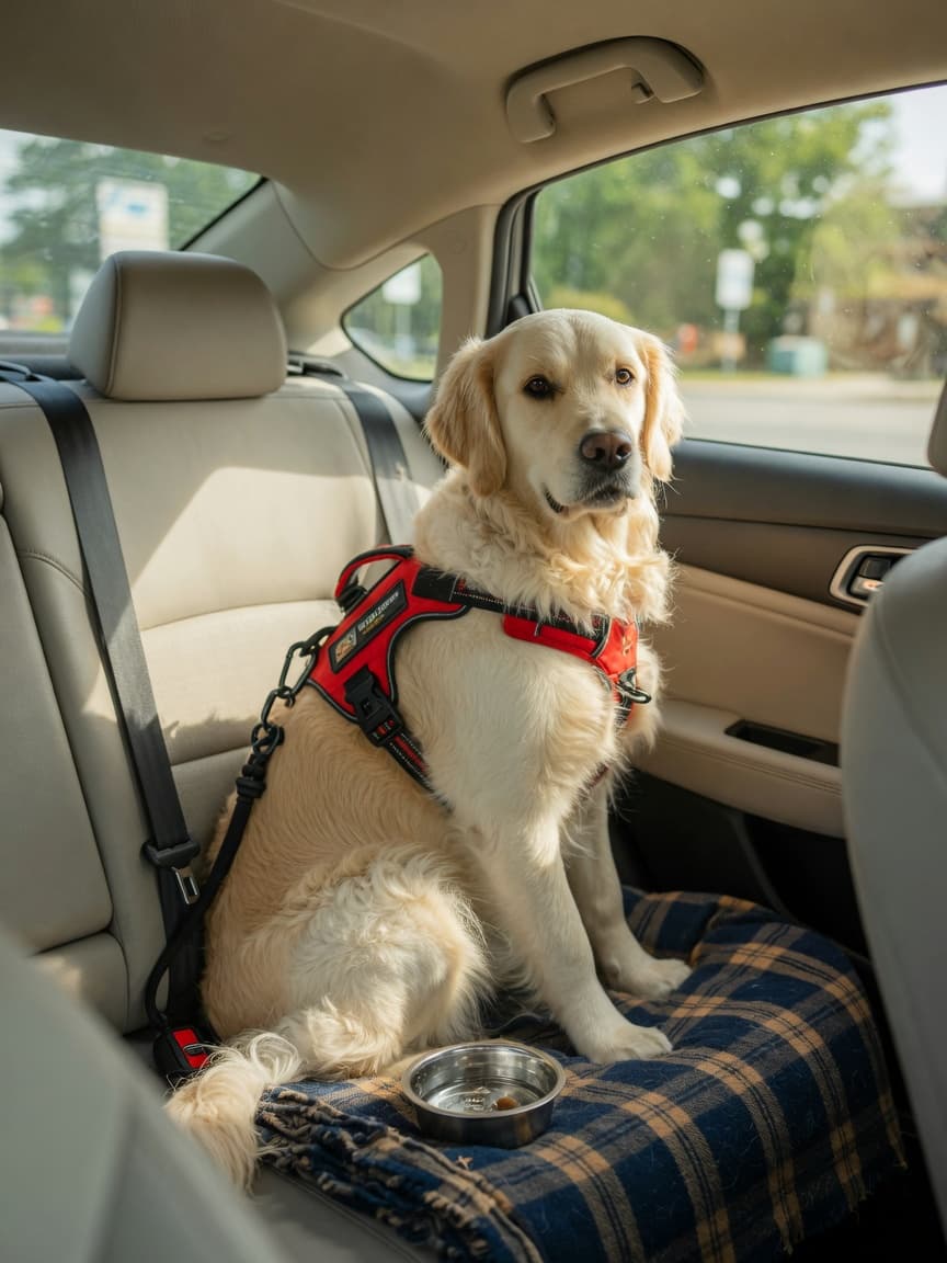 Golden retriever safely restrained in car with crash-tested harness