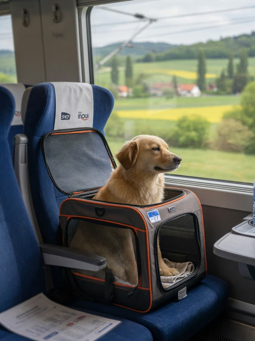 A dog sitting calmly inside a pet carrier on a train seat with European countryside visible through the window