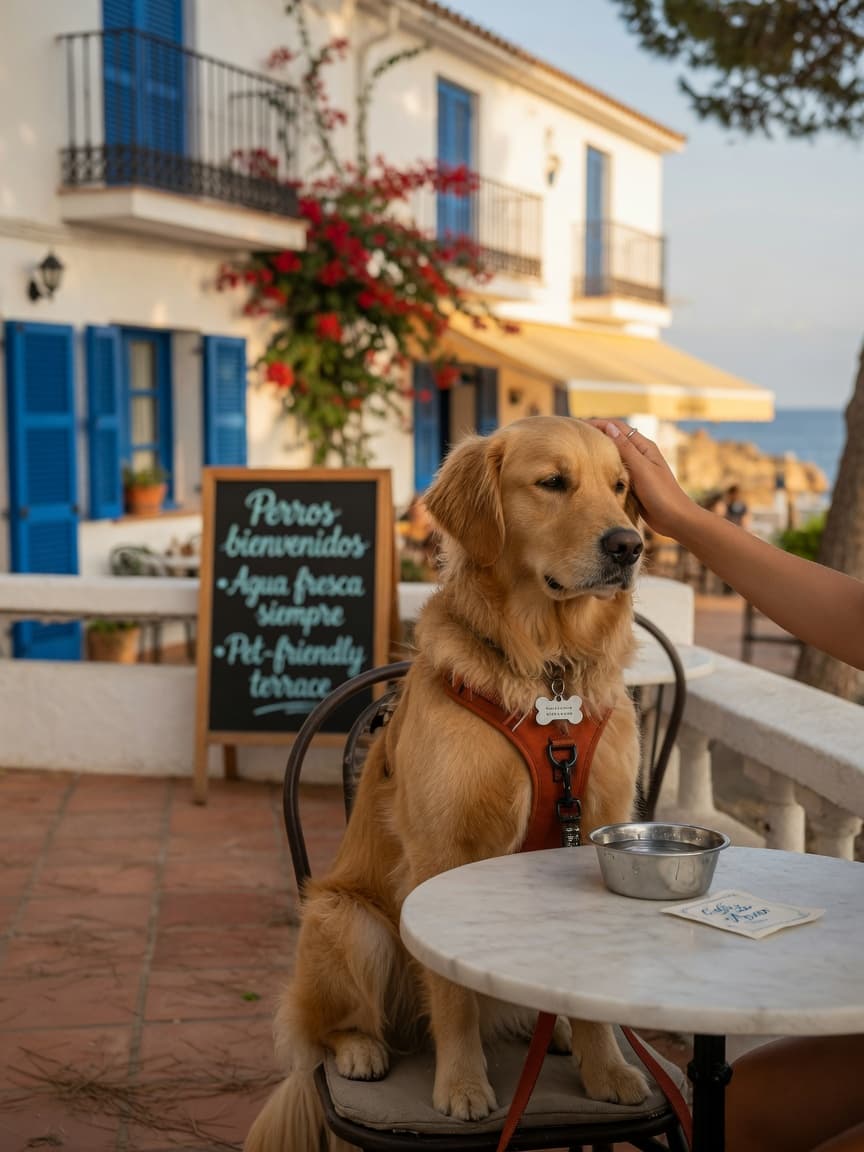 Golden retriever with honey-colored coat sitting at a Spanish café terrace with owner's hand on its head, Mediterranean beach in background