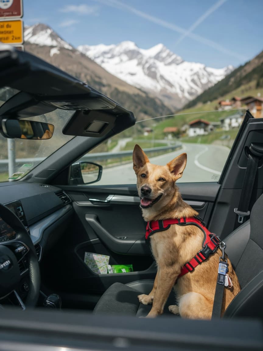 Dog safely restrained in car driving through European mountains