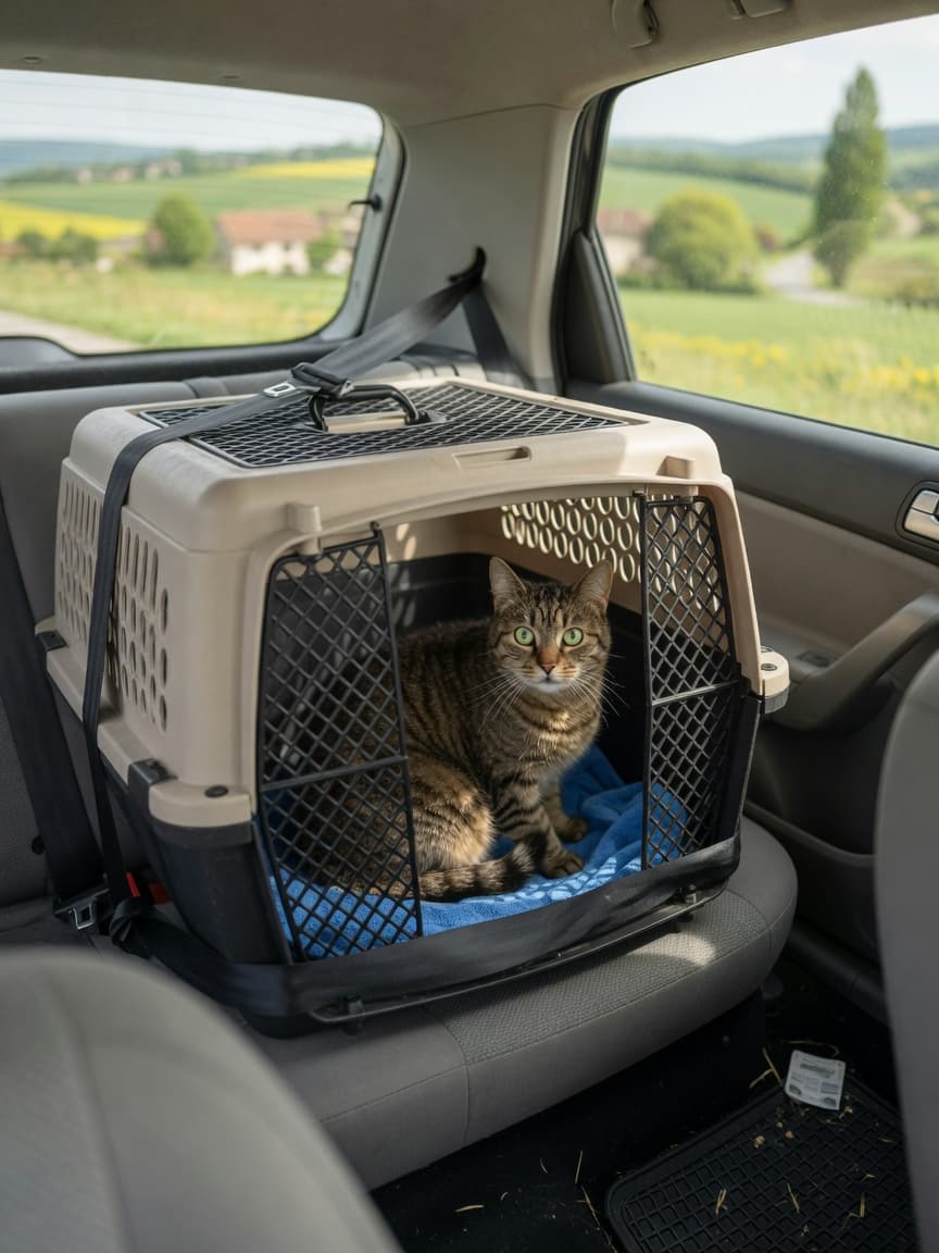 Tabby cat in a secure carrier inside a car, ready for European travel