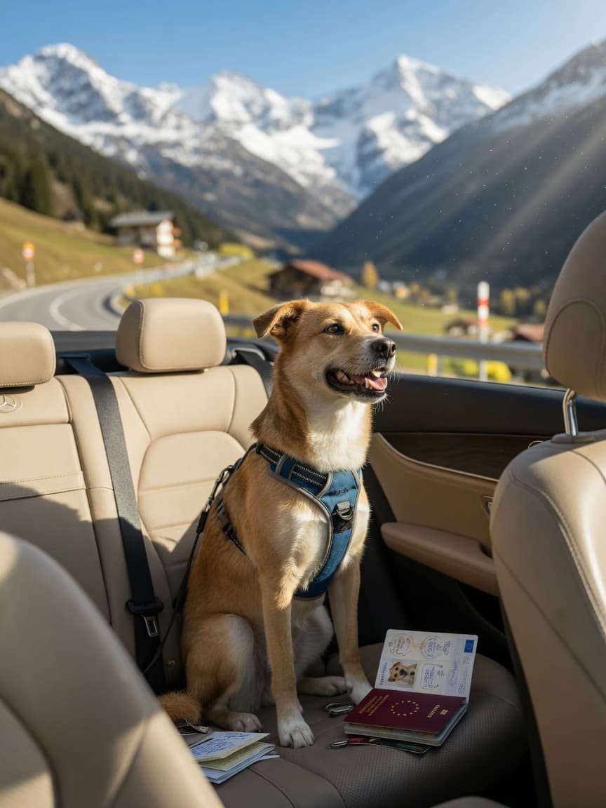 Dog traveling in a car with EU Pet Passport, looking out at European Alpine mountains