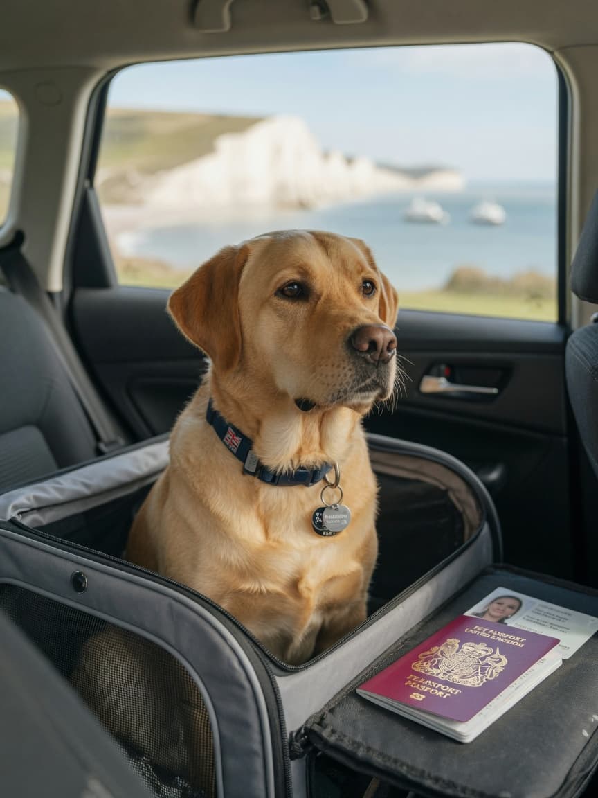 Golden Labrador in car carrier with UK coastline visible through window, ready for travel to France
