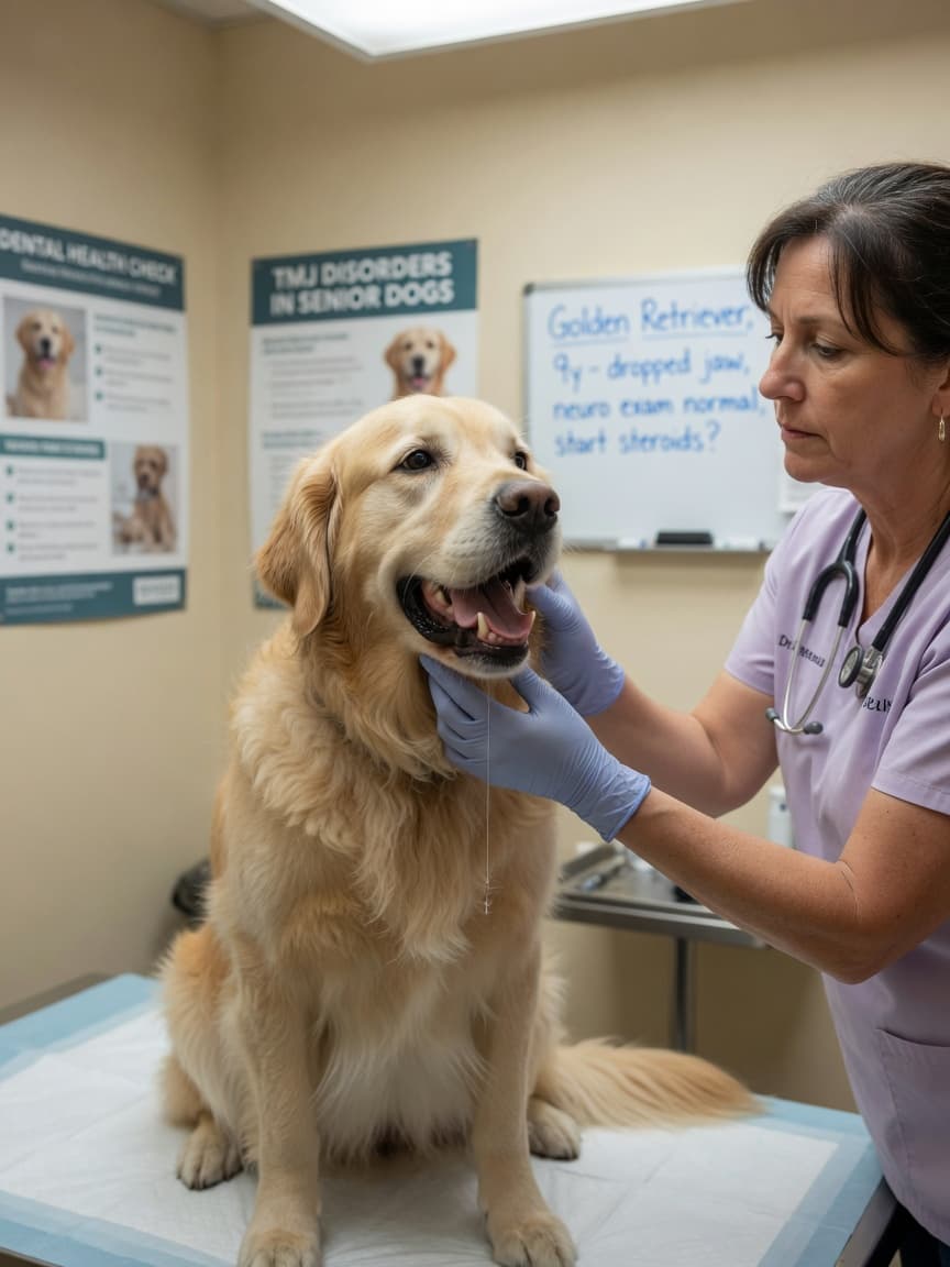 Golden Retriever with jaw hanging open being examined by a veterinarian during diagnosis of trigeminal neuritis