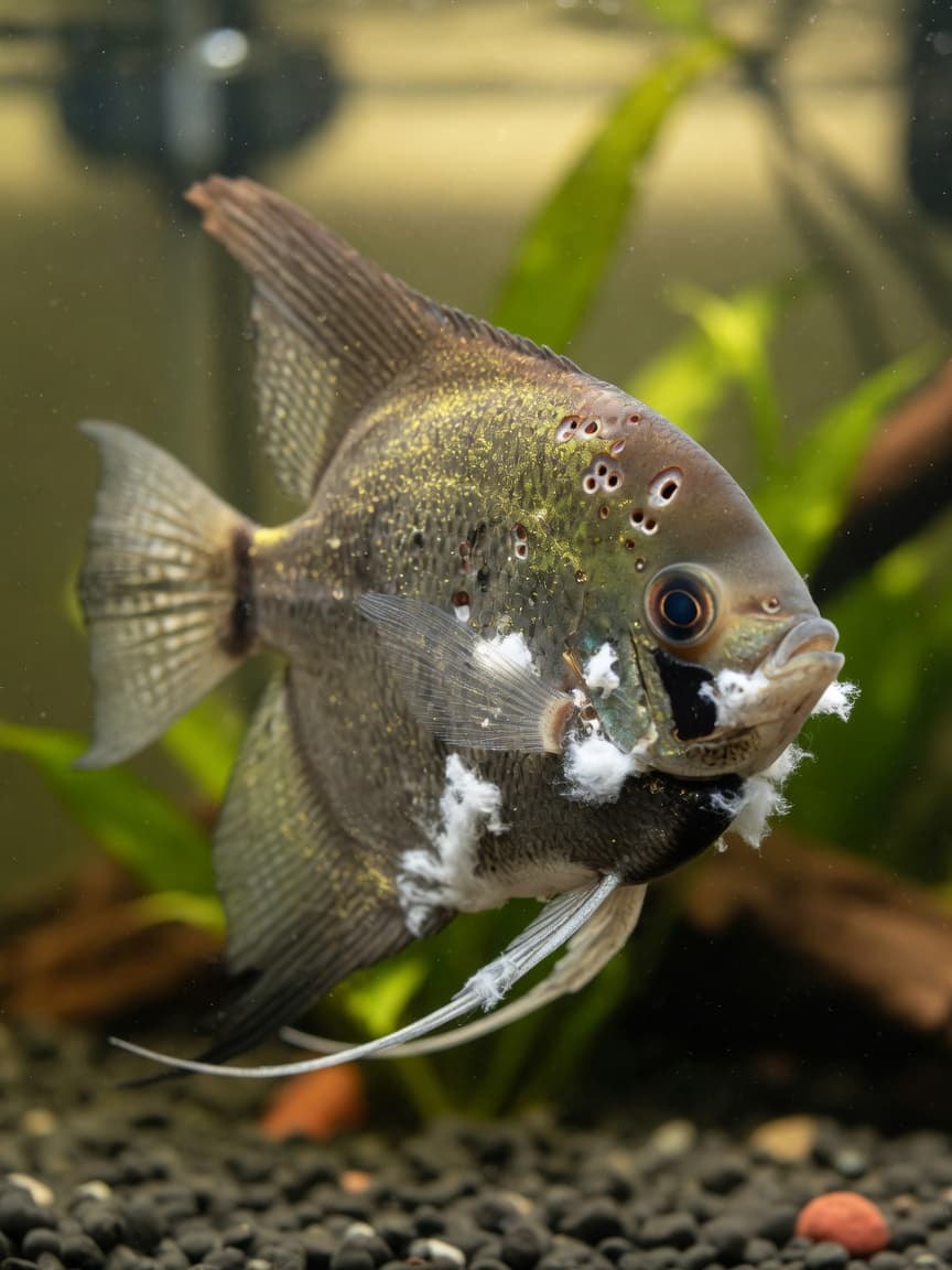 Close-up of a tropical fish with visible symptoms of velvet disease (gold dust coating), columnaris (white mouth patches), and hole-in-the-head disease (lesions on head and lateral line) in an aquarium with plants.