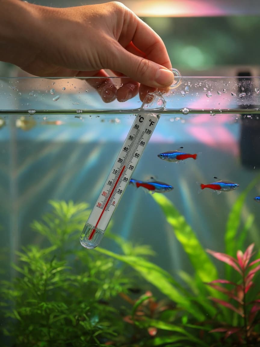 Hand holding a thermometer in a tropical aquarium with neon tetras and aquatic plants