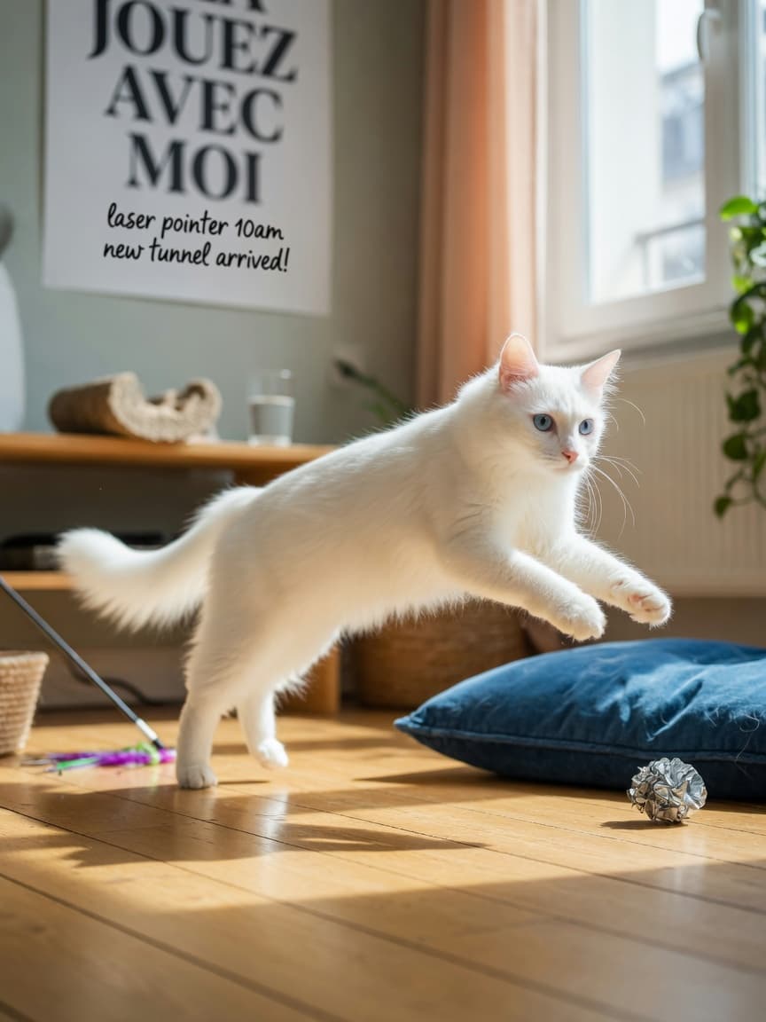 Graceful Turkish Angora cat with pure white silky coat and blue eyes leaping across sunlit wooden floor in a bright home interior.