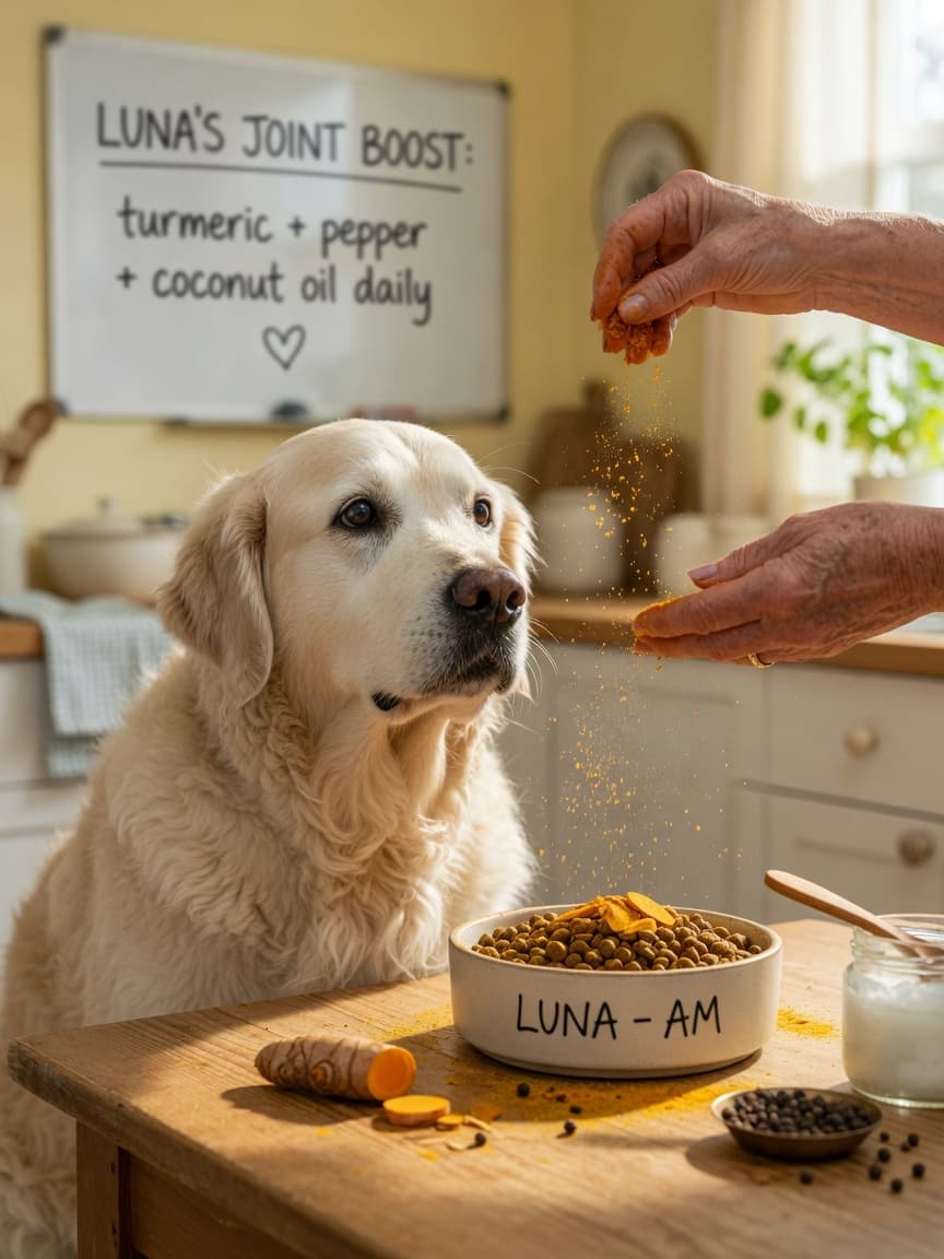 Golden retriever receiving turmeric supplement in food bowl with fresh turmeric root and coconut oil on kitchen table