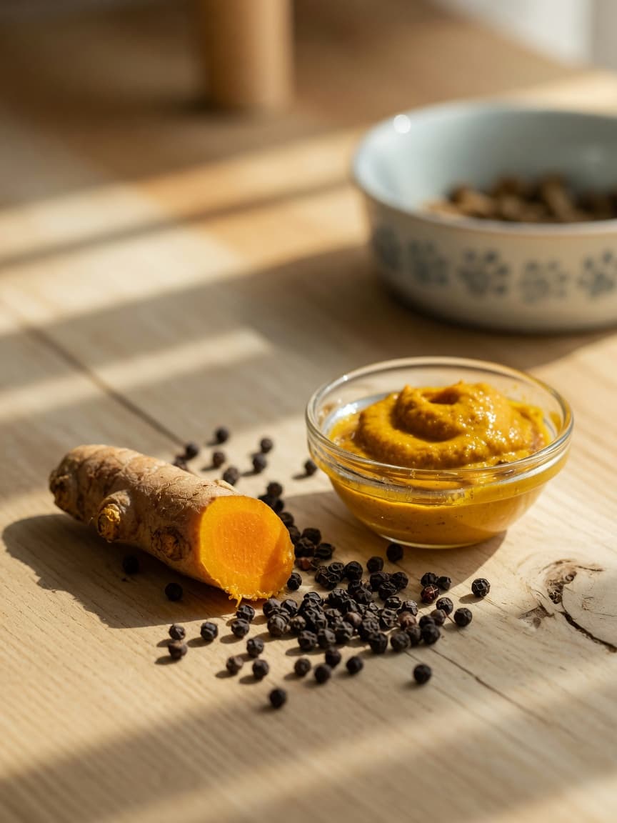 Golden turmeric root and black peppercorns beside a bowl of golden paste on a wooden surface