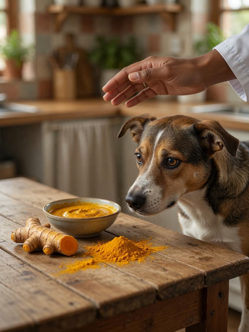 Golden turmeric root and powder next to golden paste, with a cautious dog sniffing nearby and a veterinarian's guiding hand visible