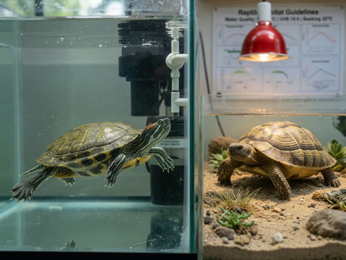 Red-eared slider turtle swimming in aquatic tank next to terrestrial tortoise on sandy substrate, showing key physical differences between species