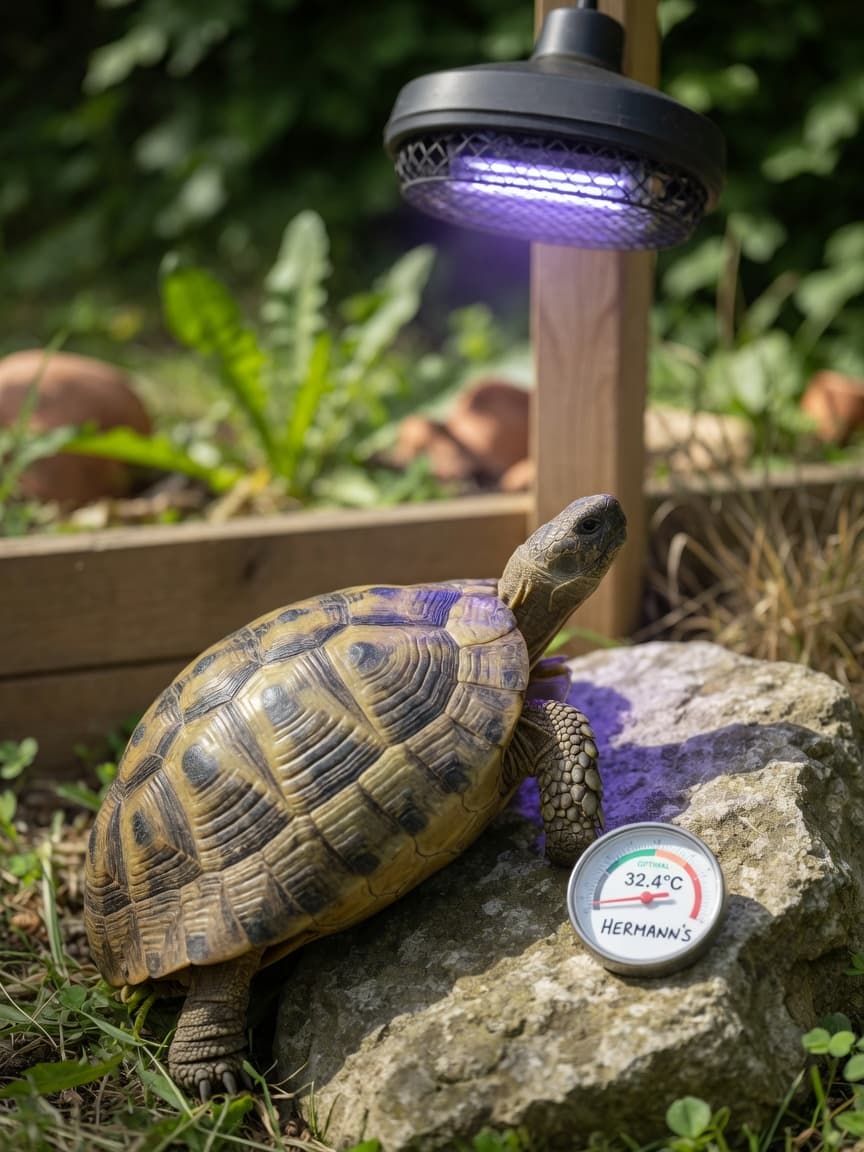 Healthy Hermann's tortoise basking under UV-B lighting in a naturalistic enclosure with vegetation