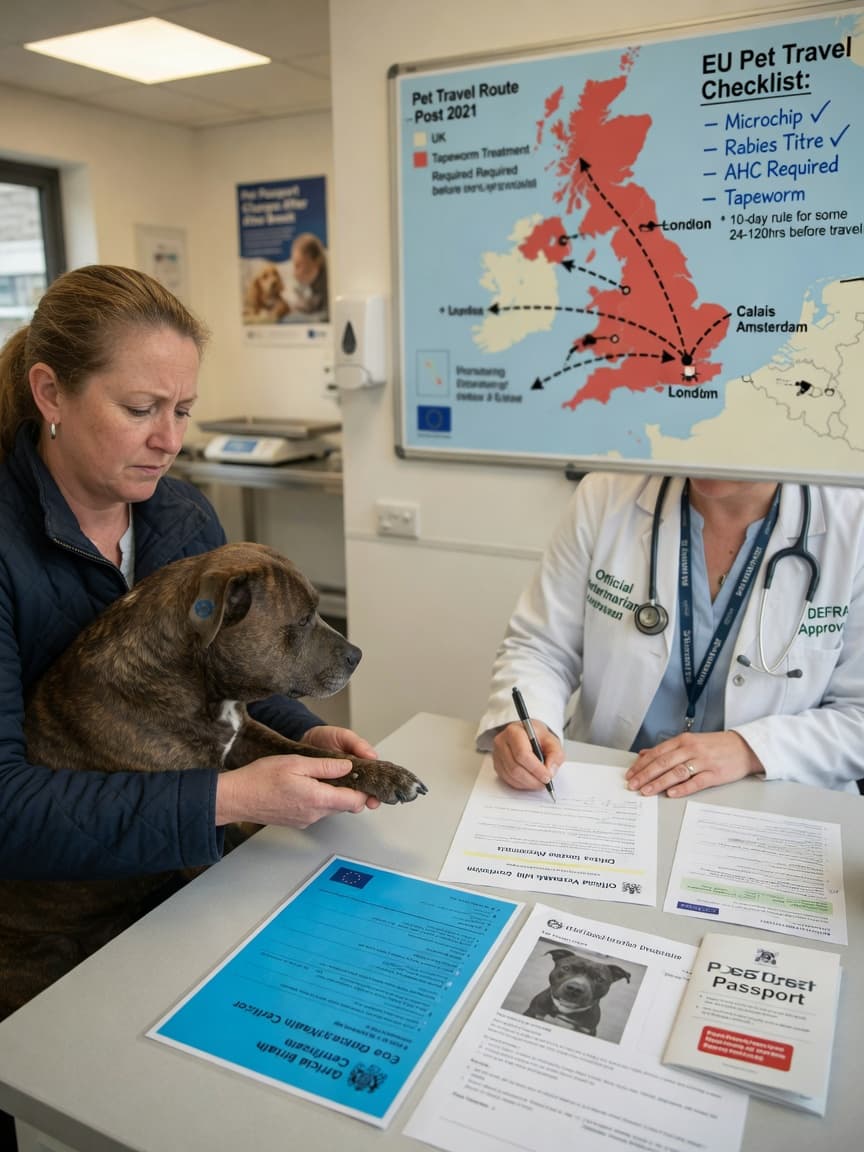Pet owner with dog at UK vet clinic during Animal Health Certificate examination for EU travel