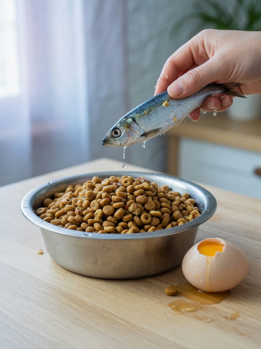 Dog food bowl with kibble next to fresh whole sardine and raw egg on kitchen counter showing processed versus fresh food options