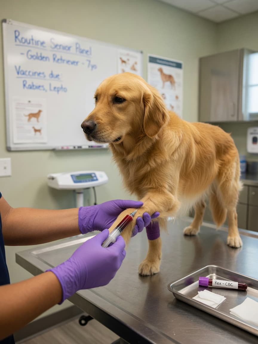 Veterinary technician drawing blood from a calm golden retriever during a routine blood test at a modern clinic