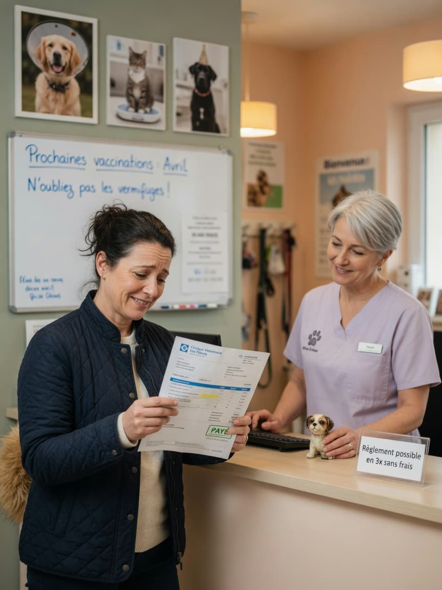 Pet owner examining a veterinary bill at clinic reception desk while receptionist looks on compassionately