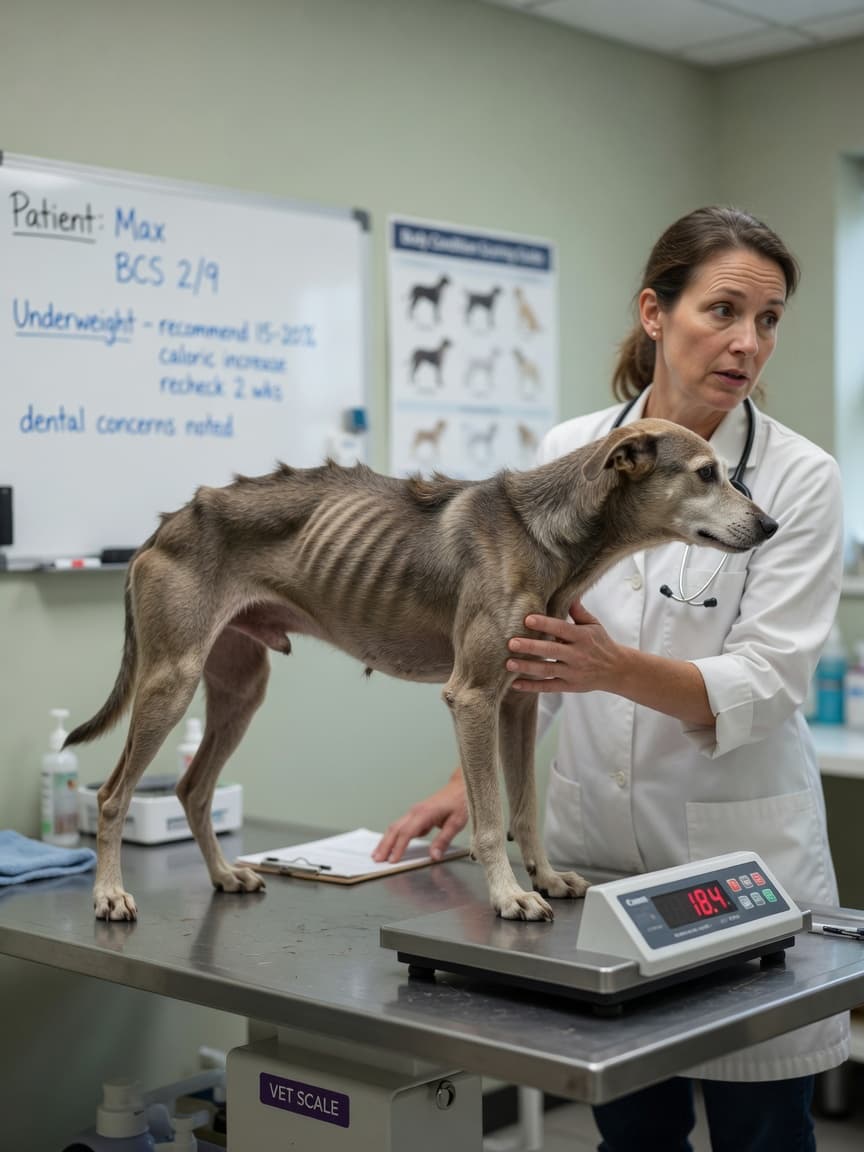Veterinarian examining an underweight dog's body condition score by palpating its ribs during a clinical assessment
