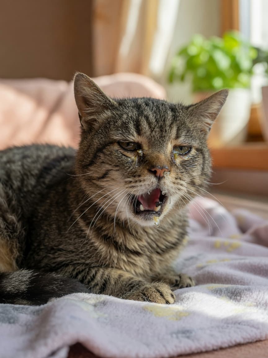 A sick tabby cat with watery eyes and nasal discharge, appearing unwell and lethargic while sitting on a soft blanket indoors