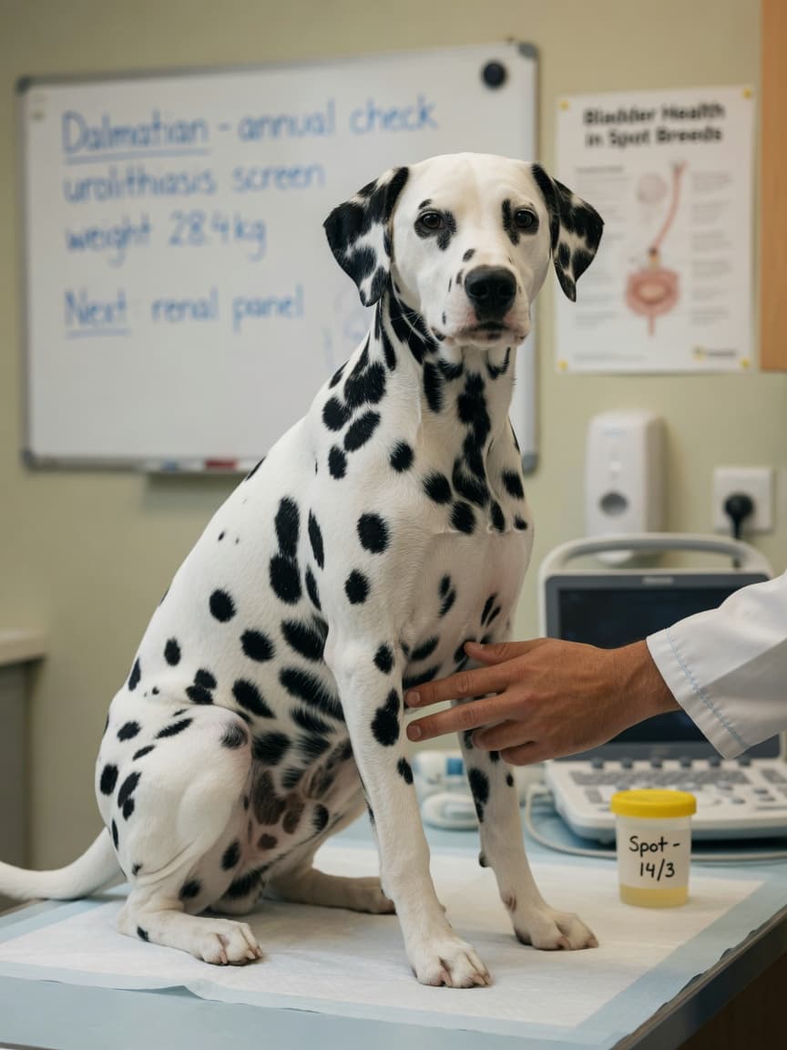 Male Dalmatian on vet examination table during abdominal palpation with ultrasound equipment nearby