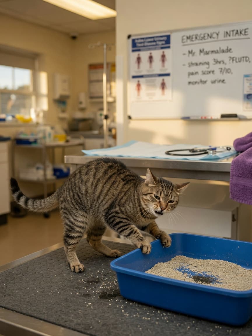 Distressed male tabby cat straining at litter tray during urinary emergency
