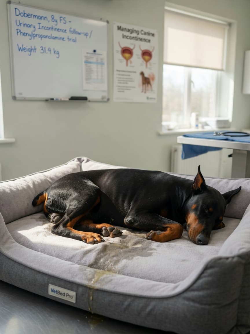 Spayed Dobermann Pinscher resting on orthopedic bedding with visible urine leakage, illustrating urinary incontinence in dogs