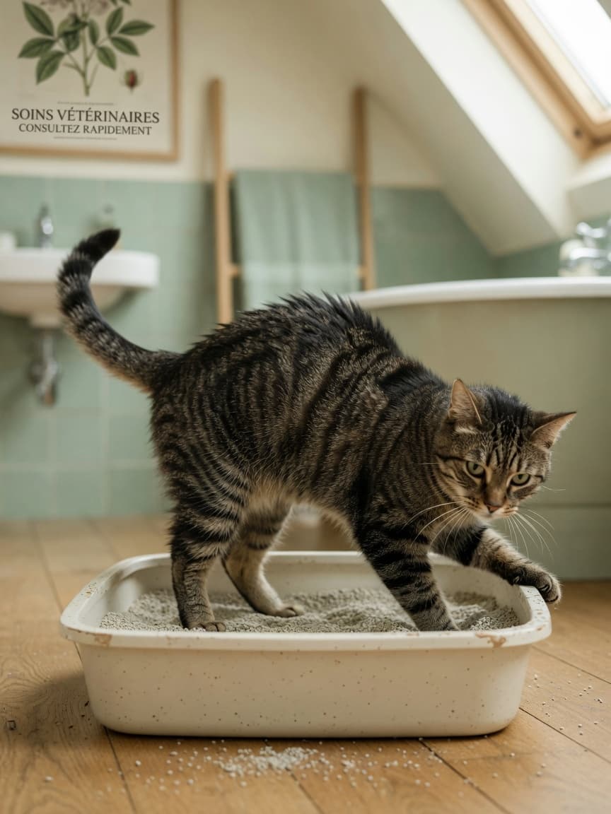 Cat straining uncomfortably in a litter box, showing signs of urinary distress
