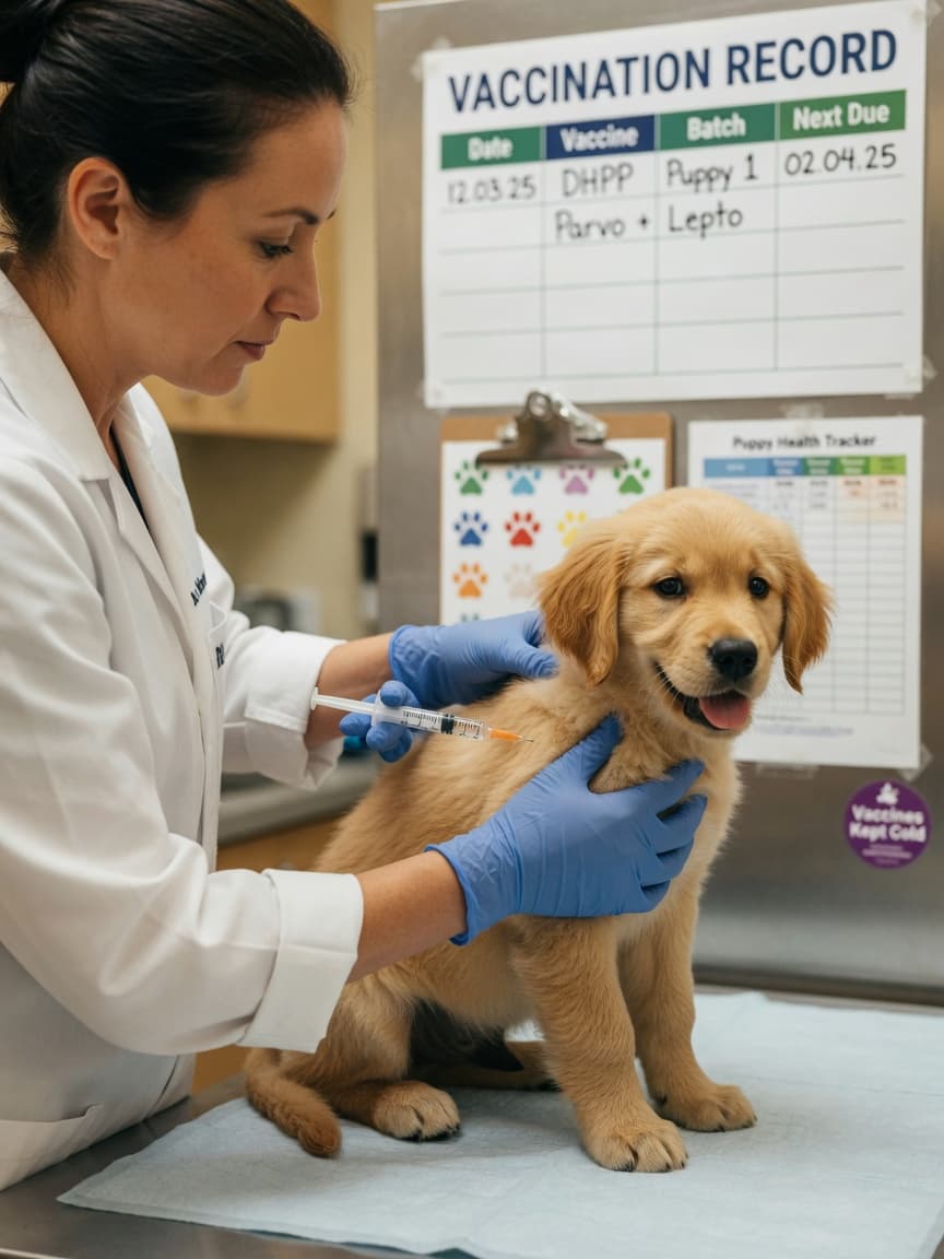 Veterinarian administering a vaccine injection to a young golden retriever puppy on an examination table