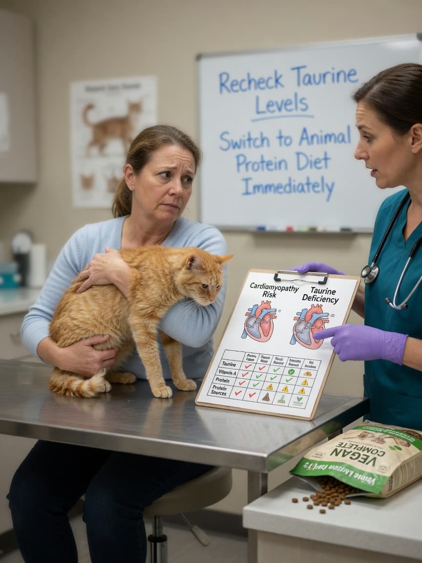 Cat owner holding a sick cat at a vet clinic, with veterinarian consulting about nutritional deficiencies and plant-based diet risks