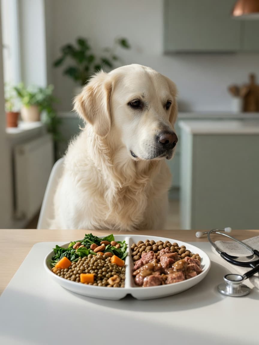 A golden retriever sitting at a kitchen table with a divided plate showing plant-based and meat-based foods, with a veterinary stethoscope on the table