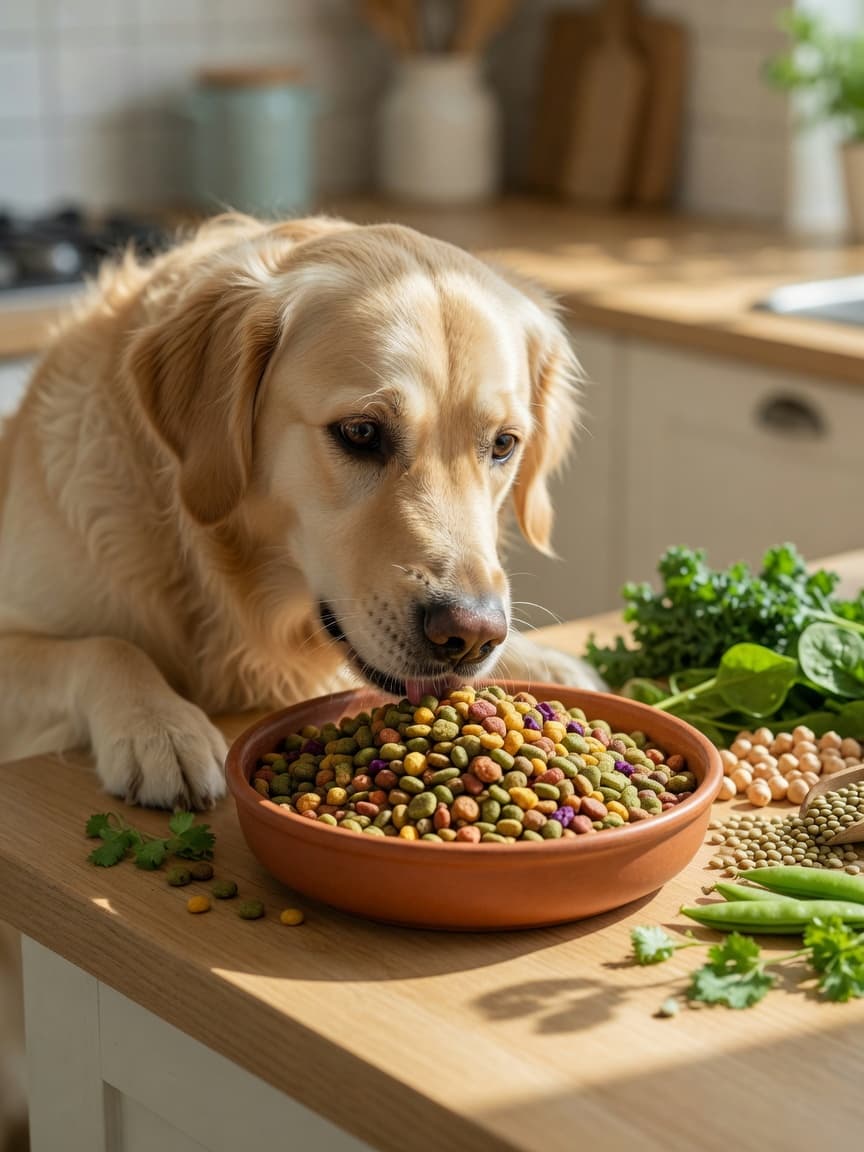 Golden retriever sniffing at plant-based dog food with fresh vegetables and legumes on a kitchen counter
