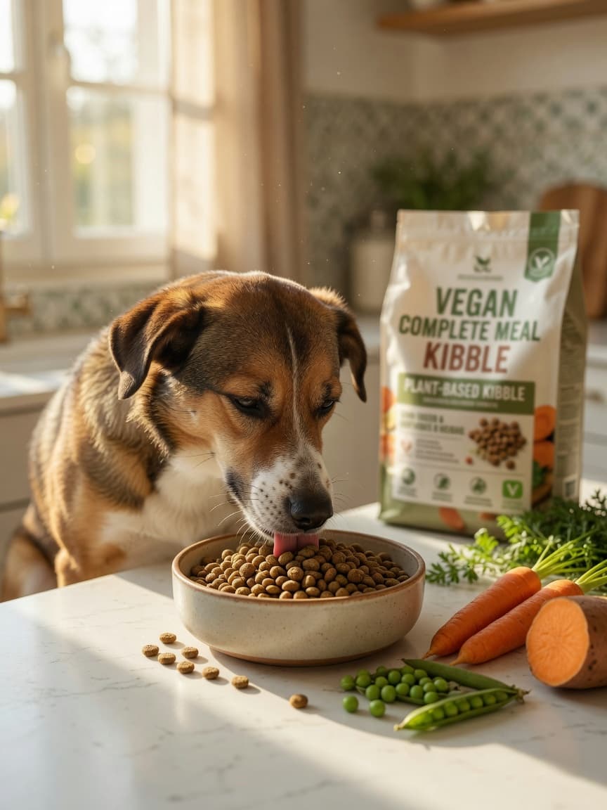 A healthy dog eating plant-based kibble from a bowl surrounded by fresh vegetables on a bright kitchen counter