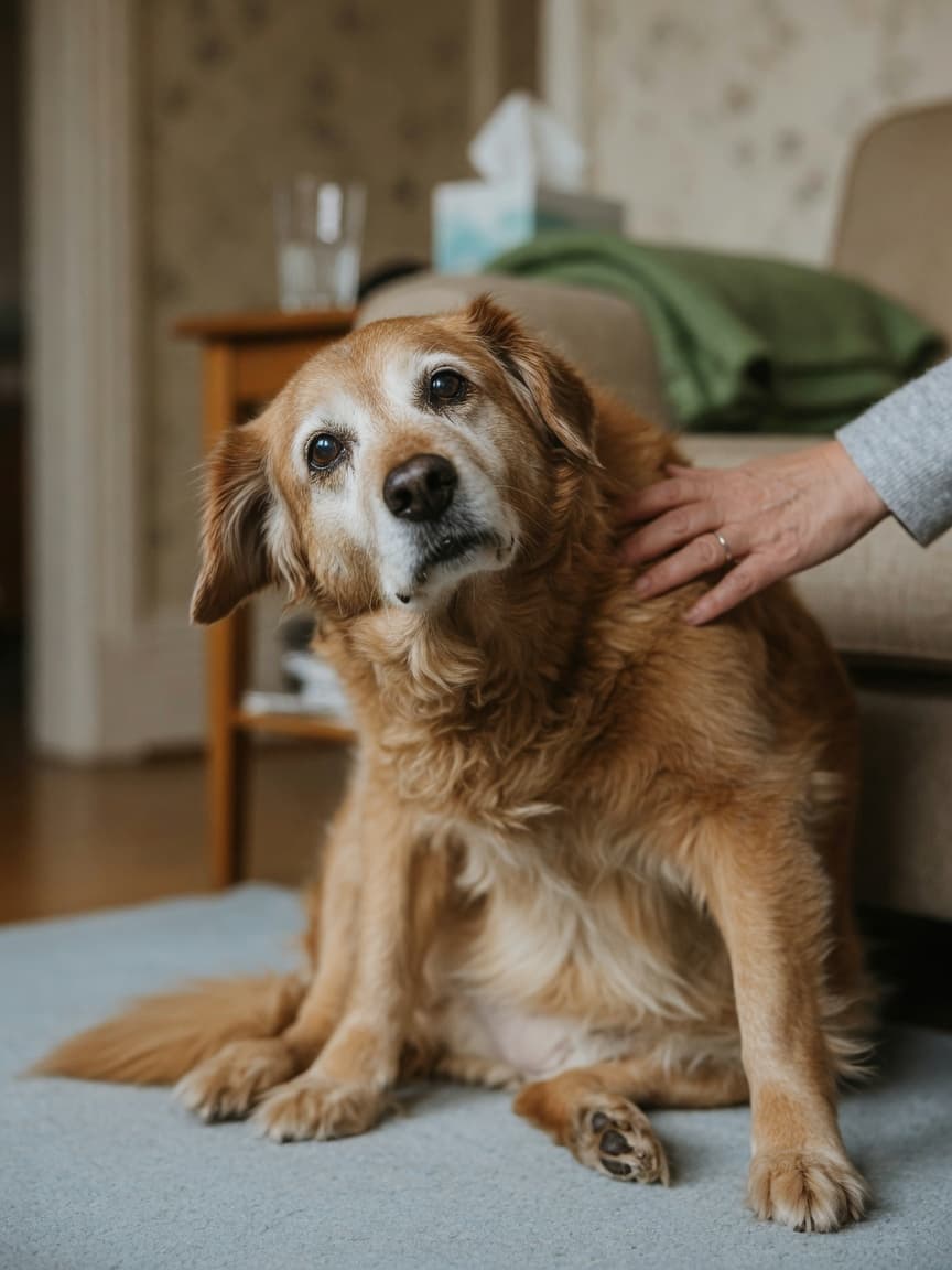Senior dog with head tilted to one side and nauseous expression, owner's hand providing comfort, demonstrating acute vestibular disease symptoms