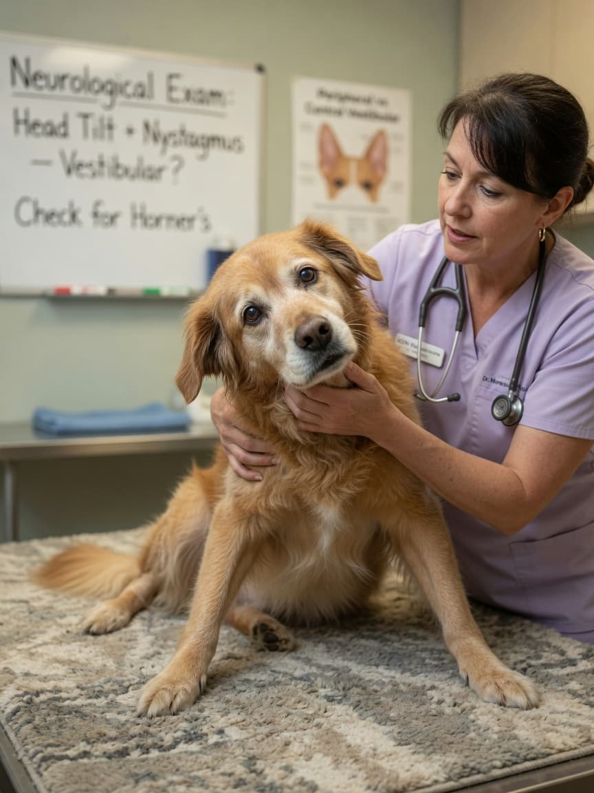 Veterinarian examining a senior dog with head tilt and eye flickering during a vestibular episode assessment