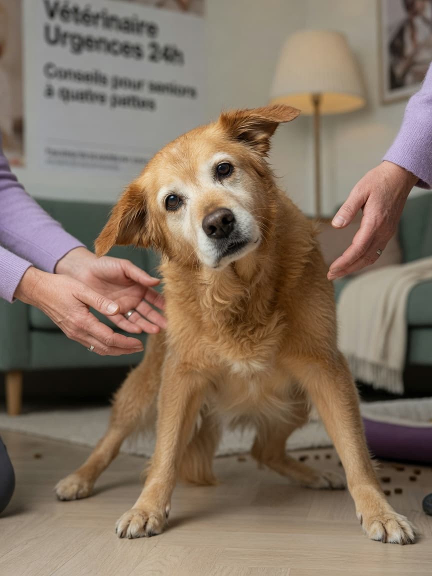 Senior dog with head tilt and signs of vestibular disease, unsteady and disoriented, owner's hands nearby for support