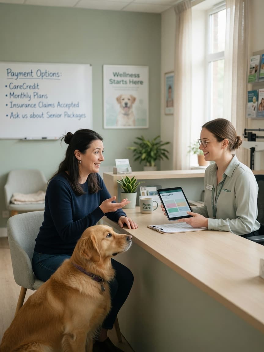 Pet owner discussing payment plan options with a veterinary receptionist while a golden retriever sits nearby