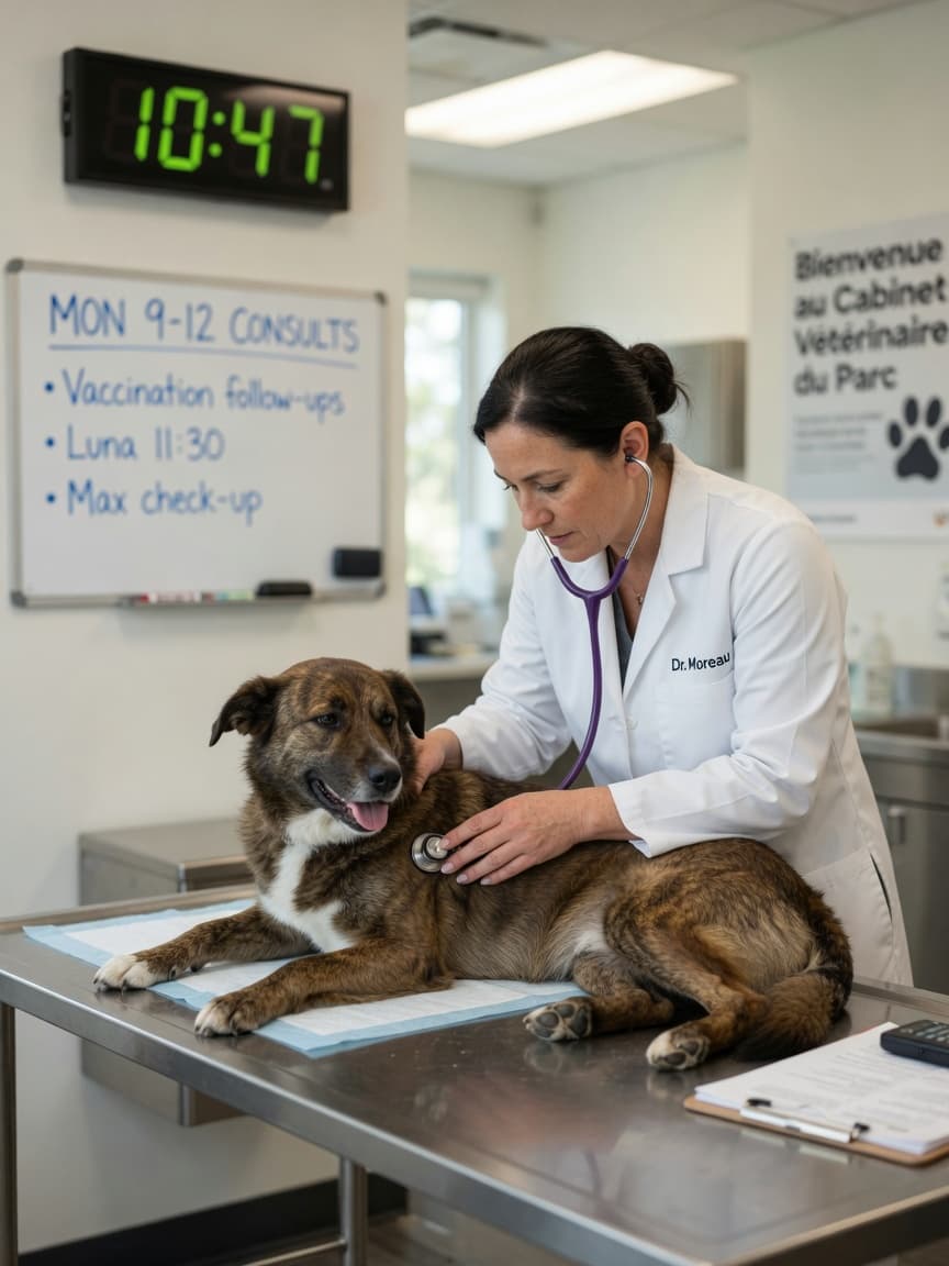 Veterinarian in white coat examining a dog with a stethoscope during a clinic consultation appointment