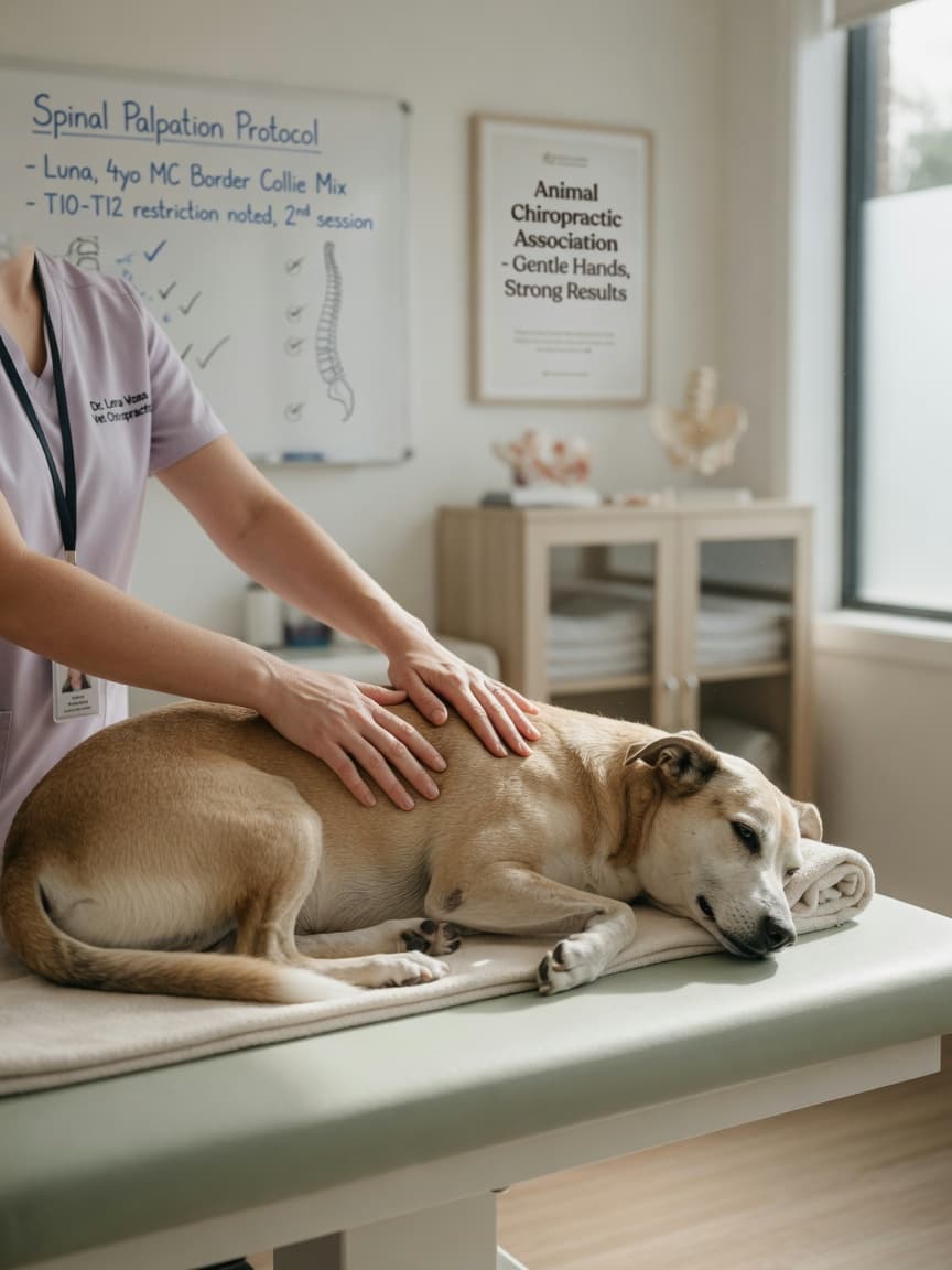 Veterinary chiropractor performing a spinal adjustment on a relaxed dog on a treatment table