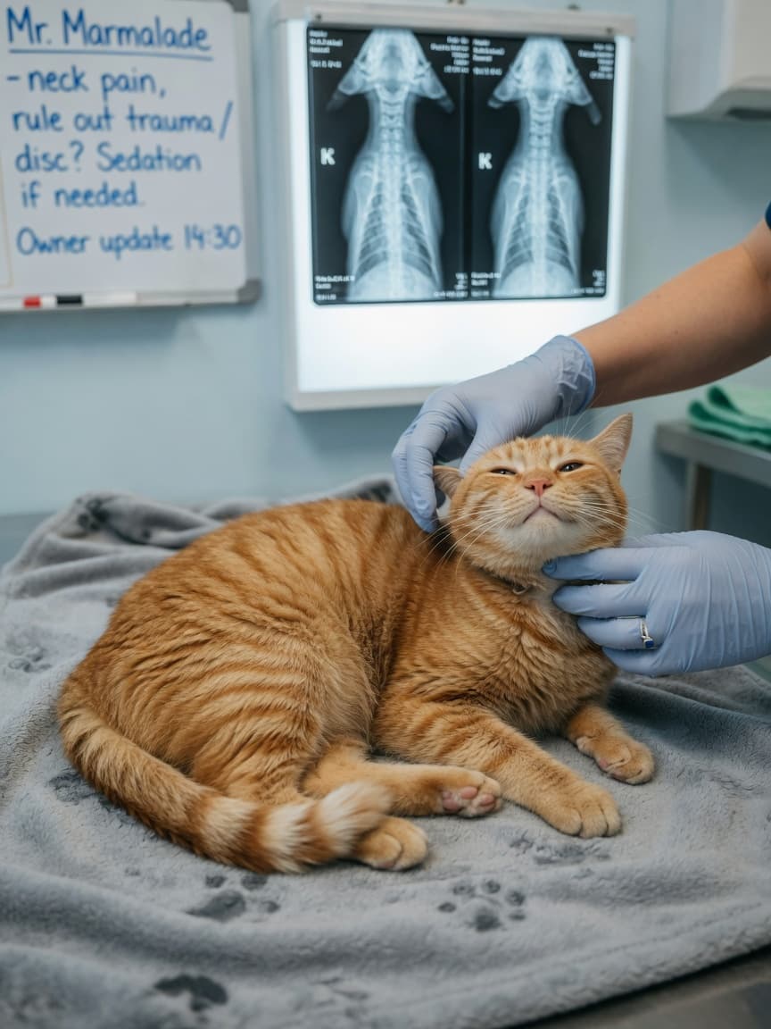 Veterinarian examining a rigid-necked ginger cat's cervical spine during a physical examination at a clinic