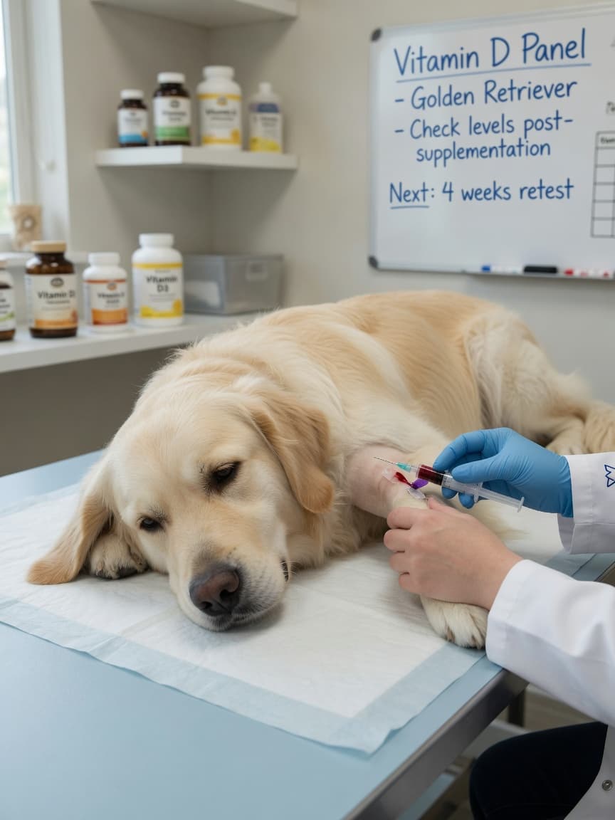 Veterinarian drawing blood sample from a golden retriever for vitamin D deficiency testing