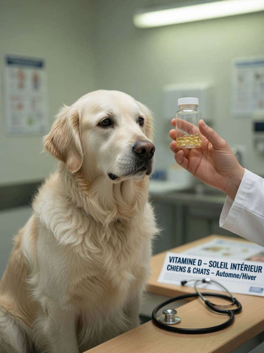 Veterinarian examining a vitamin D supplement bottle while a golden retriever sits calmly on the examination table