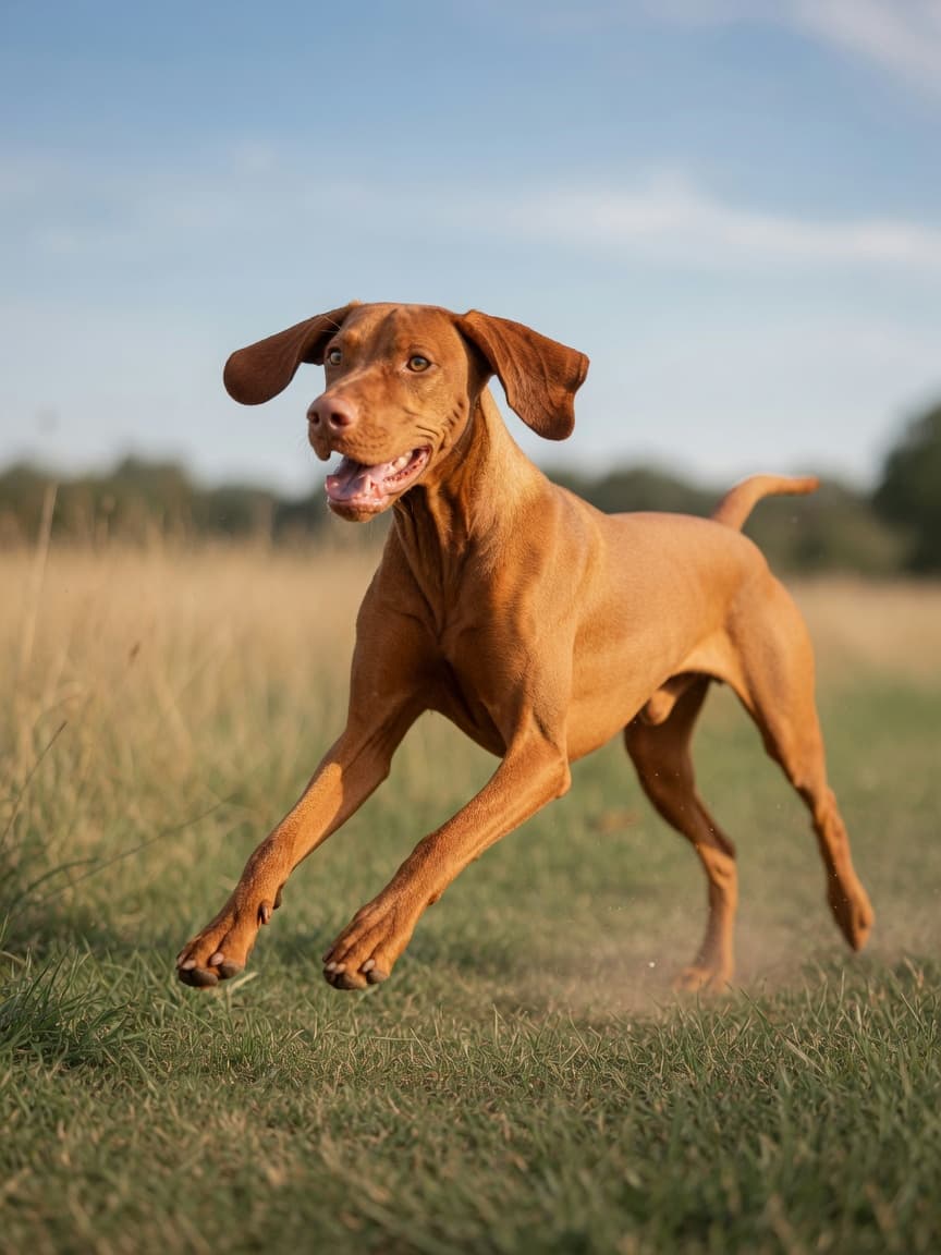 Rust-golden Vizsla dog running energetically through a sunlit field
