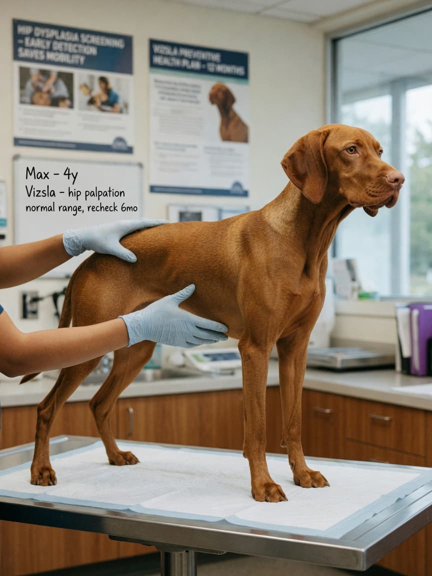 Veterinarian performing hip examination on a golden-rust Vizsla during health screening