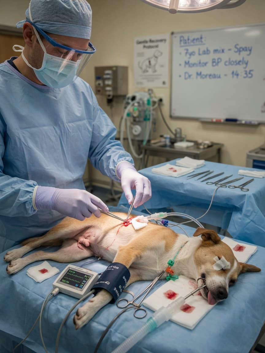 Veterinary surgeon performing surgery on an anesthetized dog with careful hemostasis technique under surgical lights