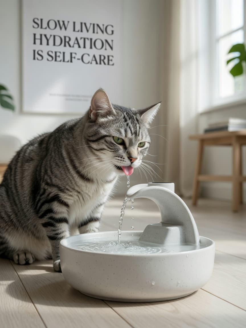 Tabby cat drinking from a ceramic water fountain with flowing water visible