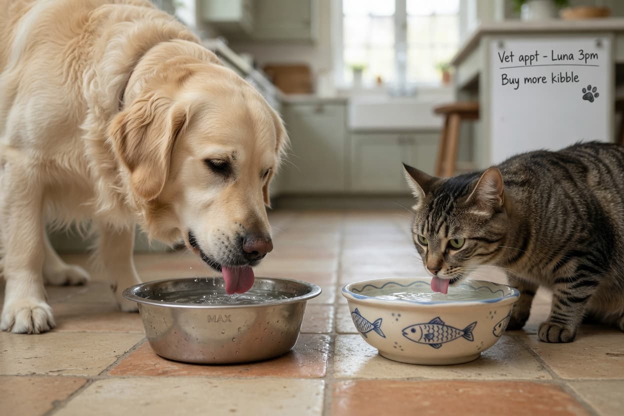 Golden retriever and tabby cat drinking from separate water bowls on a kitchen floor in natural light