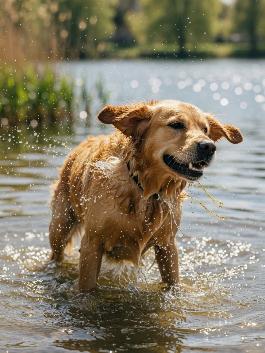 Golden retriever shaking water off its coat during enthusiastic water play in a lake, water droplets spraying around its body